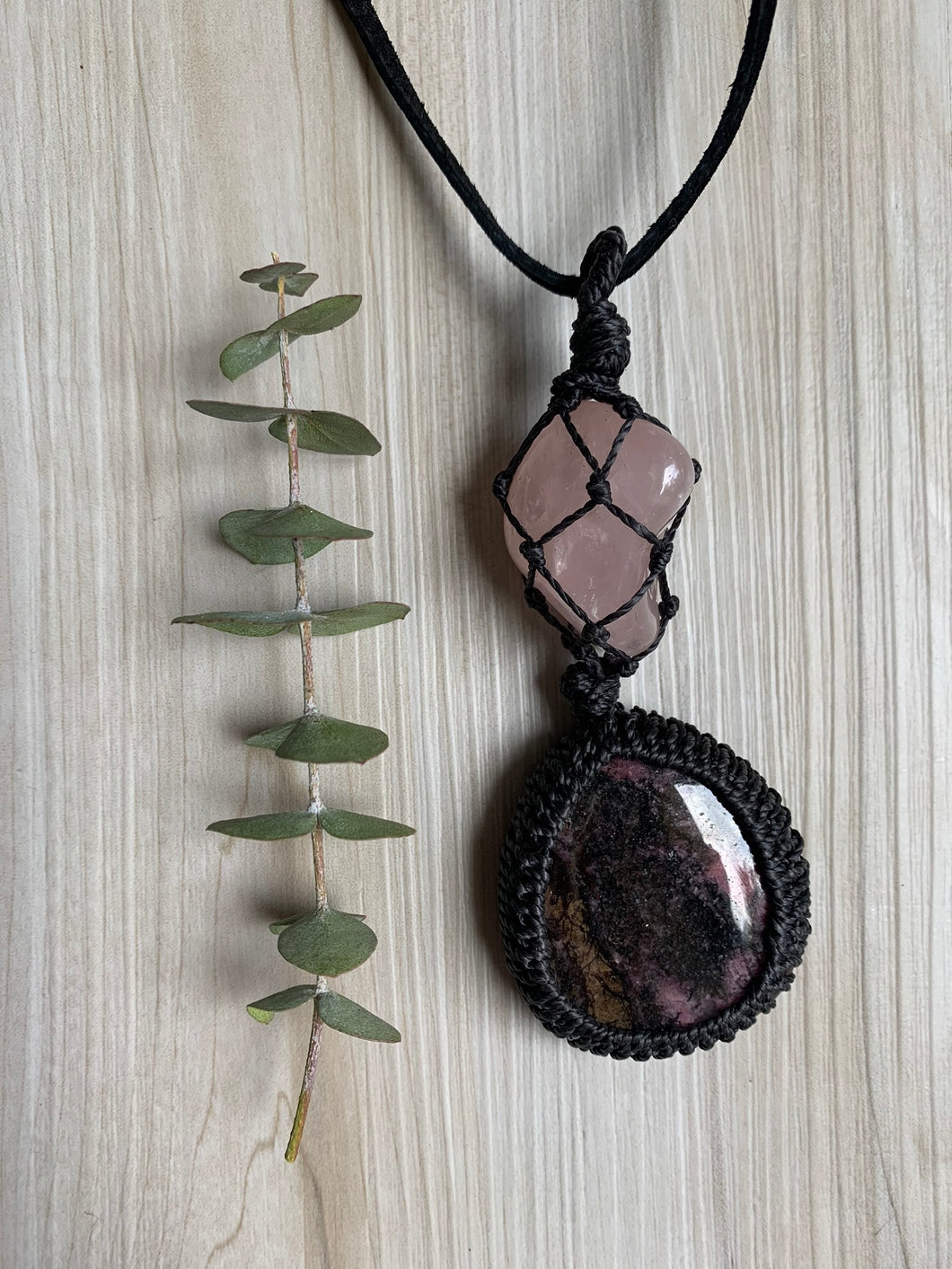 Rose Quartz & Rhodonite Macrame Necklace