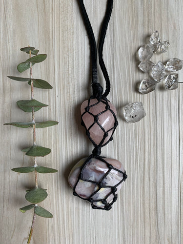 Rose Quartz & Botswana Agate Macrame Necklace