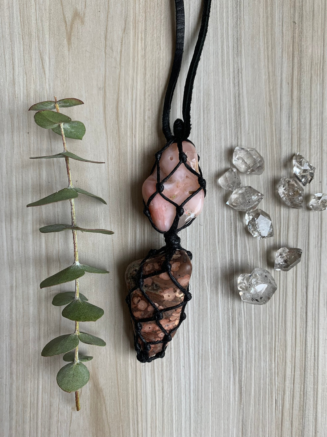 Pink Opal & Leopardskin Jasper Macrame Necklace